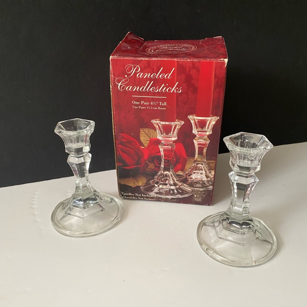 Crystal Paneled Candlesticks Holder One Pair 4 1/2" Tall Indiana Glass Made USA